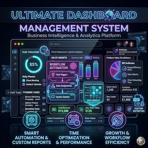 May include: A digital dashboard interface with the text "ULTIMATE DASHBOARD MANAGEMENT SYSTEM." The interface displays data visualizations, charts, and key performance indicators (KPIs) related to business intelligence and analytics. The interface is in shades of blue, purple, and white.