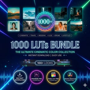 May include: A digital bundle of 1000+ LUTs for video editing, featuring a dark background with neon light accents. The text reads 1000+ LUTs BUNDLE, THE ULTIMATE CINEMATIC COLOR COLLECTION, INSTANT DOWNLOAD, EASY USE, and 100+ LOOKS, with software icons.