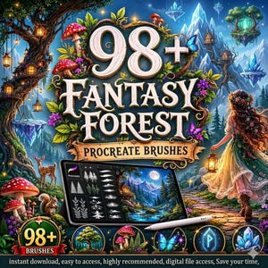 May include: A digital tablet displaying a Procreate brush set interface with a fantasy forest theme. The screen shows various brush stroke icons, while the background features a detailed illustration of a magical woodland, a person, and mushrooms.
