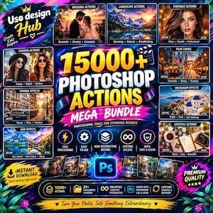 Può includere: Una pubblicità di prodotto digitale per un pacchetto di oltre 15000 azioni Photoshop. L'immagine presenta un titolo centrale con varie miniature di effetti di fotoritocco, inclusi stili per matrimoni, paesaggi e ritratti.