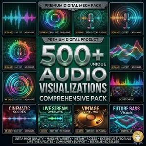 Op de afbeelding: Een digitale productcollectie met meer dan 500 unieke audio-visualisaties. De weergave bevat diverse kleurrijke geluidsgolfpatronen, microfoons, vinylplaten en mengpanelen met tekstlabels zoals Premium Digital Mega Pack.