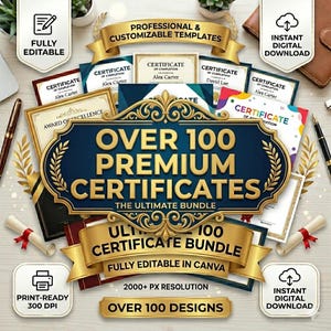 Op de afbeelding: Een digitaal pakket met meer dan 100 premium certificaatsjablonen met een groot centraal donkerblauw en goud embleem. De collectie bevat diverse certificaatontwerpen, tekstlabels voor volledig bewerkbaar, directe digitale download en printklaar 300 DPI.