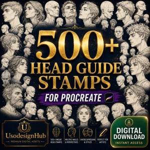 May include: A digital collection of 500+ head guide stamps for Procreate, featuring numerous sketches of human heads in various angles and expressions. The text reads 500+ HEAD GUIDE STAMPS FOR PROCREATE, UsodesignHub, and DIGITAL DOWNLOAD INSTANT ACCESS.