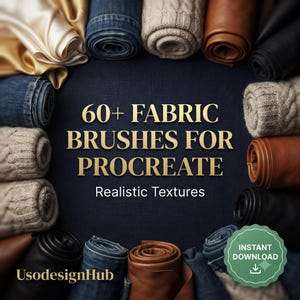 May include: A collection of rolled fabrics including denim, knit wool, leather, and silk arranged in a circle around the text 60+ FABRIC BRUSHES FOR PROCREATE Realistic Textures. The bottom left features the text UsodesignHub and a green badge.