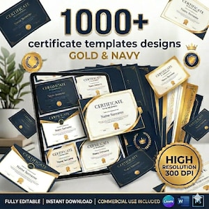 Op de afbeelding: Een collectie van 1000+ certificaatsjablonen in goud en marineblauw. De ontwerpen bevatten diverse lay-outs met decoratieve gouden zegels, randen en typografie. De tekst bevat "1000+ certificate templates designs", "GOLD & NAVY", "CERTIFICATE OF ACHIEVEMENT", "Name Surname" en "HIGH RESOLUTION 300 DPI".