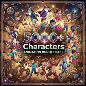 Può includere: Un'illustrazione digitale che presenta il testo 5000+ Characters ANIMATION BUNDLE PACK circondato da varie figure di cartoni animati tra cui un mago, robot, bambini, un orso, un cavaliere e una persona con una cinepresa.
