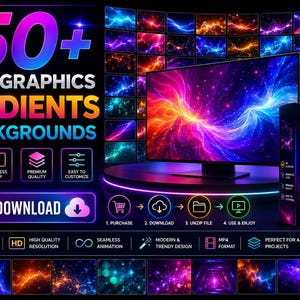 May include: A digital product bundle featuring 150+ video graphics, gradients, and backgrounds. The display shows a monitor with vibrant, colorful abstract light patterns, a product box, and icons indicating 4K resolution, seamless loops, and instant download.