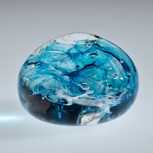 Handmade glass paperweight, Turquoise and White smoke