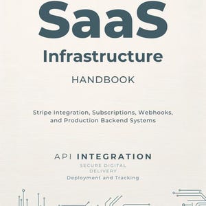 Puede incluir: Portada de libro con el título "SaaS Infrastructure Handbook" en azul oscuro. La portada incluye el subtítulo "Stripe Integration, Subscriptions, Webhooks, and Production Backend Systems." La parte inferior presenta detalles de API Integration.