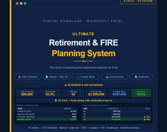 Ultimate Retirement & FIRE Planning System Excel Spreadsheet Federal State Tax 401k Roth IRA Social Security Couples FIRE Calculator