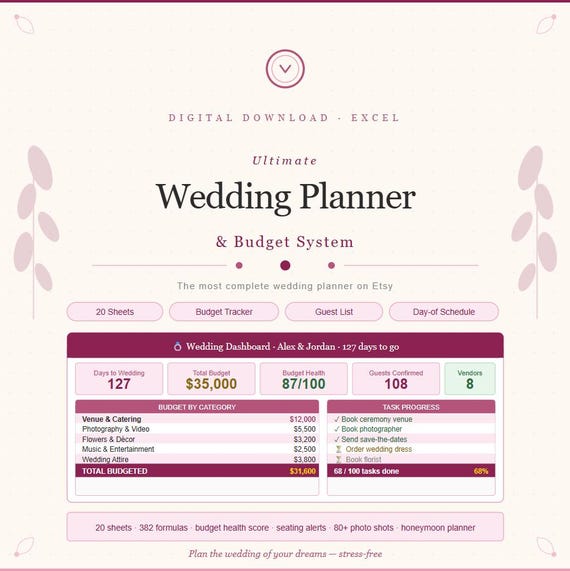 Ultimate Wedding Planner Spreadsheet Excel Budget Tracker Guest List Seating Plan Checklist Vendor Tracker Day-of Schedule Honeymoon