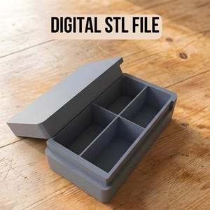 Fichier STL imprimé en 3D + fichier 3MF | Boîte de rangement à 4 compartiments avec couvercle coulissant | Boîte de rangement compacte pour vis et petites pièces