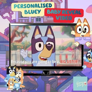 May include: A digital display screen showing a Bluey-themed baby reveal video with the text 'Because you are going to be a BIG SISTER!' and cartoon dog characters. The screen is framed by colourful illustrations of the Bluey family and text boxes.