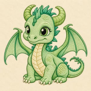 Peut inclure: Un motif brodé représentant un petit dragon vert clair avec de grands yeux sombres, des cornes incurvées et des ailes déployées. La créature présente un ventre crème, des écailles texturées sur le dos et la queue, et une expression souriante.
