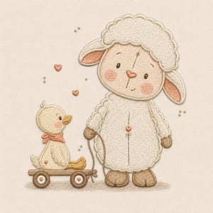 Può includere: Illustrazione ricamata di una pecora e di un'anatra. La pecora, con un cappotto bianco e soffice e accenti rosa, tiene una corda attaccata a un carrello di legno che trasporta l'anatra. L'anatra indossa una sciarpa rossa. Piccoli cuori fluttuano sullo sfondo.