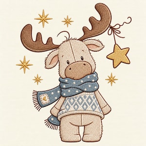 Christmas Moose Embroidery Design, Scarf Star Winter Holiday Pattern (Digital Download)