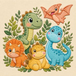 Peut inclure: Motif brodé représentant cinq dinosaures de dessin animé dans des tons de vert, orange, jaune et bleu, entourés de feuilles vertes. Les dinosaures comprennent un Tricératops, un Brontosaurus, un Ptérodactyle et deux autres dinosaures amicaux.