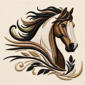 Puede incluir: Un parche bordado que muestra el perfil de una cabeza de caballo con una crin fluida en tonos negro, marrón y blanco. El diseño incluye líneas decorativas en espiral y formas de hojas en la base, todo realizado con costuras detalladas.