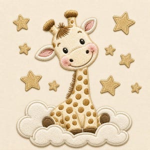 May include: An embroidered design featuring a light tan giraffe with brown spots, pink-tinted cheeks, and a tuft of brown hair on its head. The giraffe sits on a white cloud, surrounded by several gold-colored embroidered stars.
