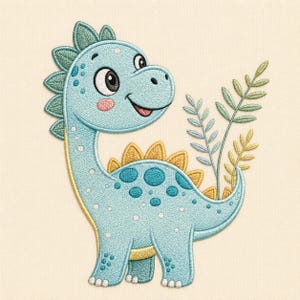 Puede incluir: Un parche bordado que muestra un dinosaurio azul claro con manchas azul oscuro, una cresta dorsal amarilla y mejillas rosadas. El dinosaurio está junto a dos hojas tipo helecho en verde y azul, todo en bordado detallado sobre tela color crema.