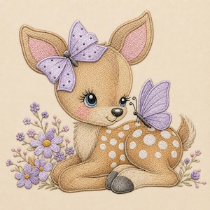 May include: An embroidered design of a light brown fawn with white spots, resting among purple flowers. The fawn features a large purple butterfly on its head and a smaller purple butterfly on its back, with blue eyes and pink cheeks.