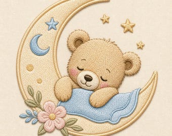 Sleeping Teddy Bear Embroidery Design, Crescent Moon Flower, Nursery Baby Decor (Digital Download)