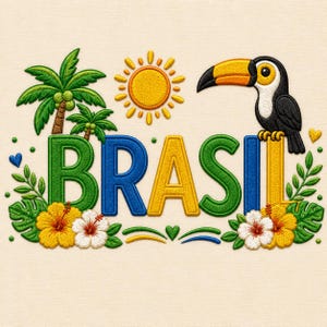 Brasil Tropical Embroidery Design, Toucan Bird and Hibiscus Flowers, Summer Vacation Patch (Digital Download)