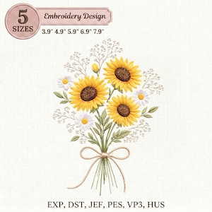 Diseño de bordado de ramo de girasoles, archivo de bordado a máquina floral rústico, girasol silvestre PES DST de descarga instantánea