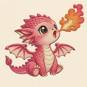 May include: An embroidery design of a small pink dragon with large dark eyes, textured scales, and light pink wings. The dragon is sitting and breathing a plume of orange, yellow, and red fire from its open mouth, rendered in detailed stitching.
