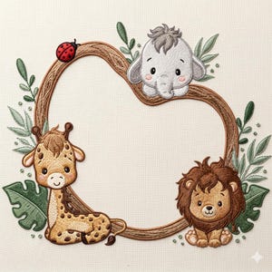 Puede incluir: Diseño bordado con un marco marrón, una mariquita, un elefante, una jirafa, un león y hojas verdes. Los animales son de estilo caricatura con colores suaves. El diseño está sobre un fondo color crema.