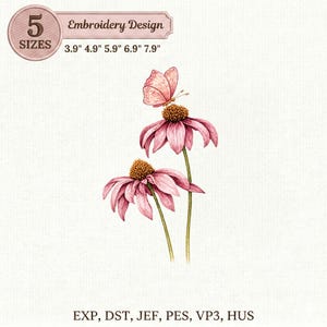 Echinacea Flower Embroidery Design with Butterfly, Pink Coneflower Machine Embroidery File, Satin Fill Stitch Floral, Instant Download