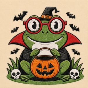 May include: An embroidered patch featuring a green frog wearing a black witch hat, red-rimmed glasses, and a black cape with a red lining. The frog holds an orange jack-o'-lantern bucket, surrounded by small black bats, two skulls, and green grass.