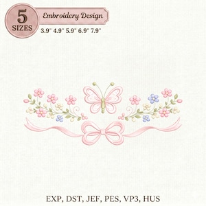 Może przedstawiać: Różowy wzór haftu przedstawiający motyla, kwiaty i kokardę. Projekt zawiera tekst "Embroidery Design" i wymienia rozmiary od 9.9 cm do 20.1 cm. Obraz pokazuje również typy plików EXP, DST, JEF, PES, VP3 i HUS.