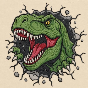 Pode incluir: Um emblema bordado apresentando uma cabeça de Tyrannosaurus Rex verde com um olho amarelo, dentes brancos afiados e uma língua vermelha, parecendo romper uma parede de pedra cinza rachada com garras visíveis nas laterais da abertura.
