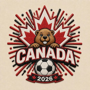 May include: An embroidered patch featuring a brown beaver centered over a large red and white maple leaf. The word CANADA is stitched in bold white letters above a black and white soccer ball, with a banner below displaying the year 2026.