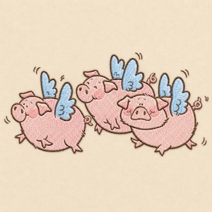 May include: An embroidery design featuring three round, pink pigs with small, light blue wings. Each pig has a curly tail, a snout, and pink cheeks, depicted in a cartoon style with dark brown outlines against a solid light beige background.