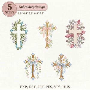 May include: An embroidery design featuring five cross patterns, each adorned with floral and ribbon accents. The designs are available in five sizes, ranging from 3.9 to 7.9 inches. The text "Embroidery Design" and file type abbreviations are also included.
