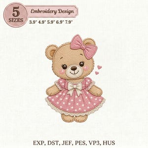 Girl Teddy Bear Embroidery Design, Pink Dress Baby Nursery Animal Pattern (Digital Download)