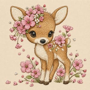 Può includere: Un disegno ricamato raffigurante un cerbiatto marrone con petto e ventre bianchi, adornato con una corona di fiori rosa sulla testa. Il cerbiatto è circondato da fiori rosa sparsi e foglie verdi su uno sfondo di tessuto color beige chiaro.