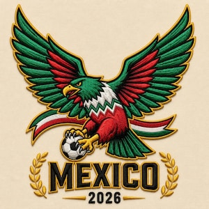 Puede incluir: Un parche bordado que muestra un águila verde, blanca y roja con las alas extendidas, sosteniendo un balón de fútbol blanco y negro. Debajo del águila, el texto MEXICO 2026 aparece en letras negras negritas, flanqueado por dos ramas de laurel doradas.
