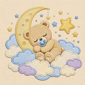 Sleeping Bear Embroidery Design, Moon Clouds Stars Nursery Decor (Digital Download)