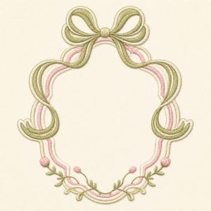 以下が含まれることがあります： 上部にリボンが付いた刺繍フレームのデザイン。淡い緑とピンクの色使い。フレームの下部には装飾的な花の要素があり、クリーム色の背景になっています。