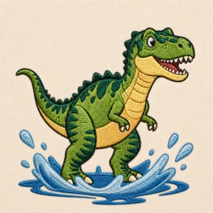 Diseño de bordado de T-Rex verde, patrón de salpicaduras de agua de dinosaurio (descarga digital)