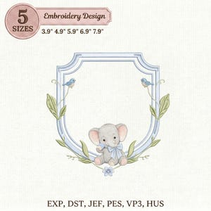 May include: An embroidery design featuring a gray elephant with a blue bow, framed by a light blue border with birds and leaves. The design includes the text "Embroidery Design" and size options from 3.9" to 7.9".