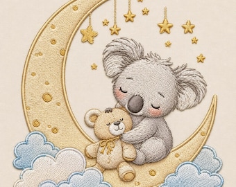 May include: An embroidery design featuring a grey koala hugging a tan teddy bear while sitting on a large, golden crescent moon. The moon is surrounded by small, dangling golden stars and light blue clouds at the bottom on a cream background.