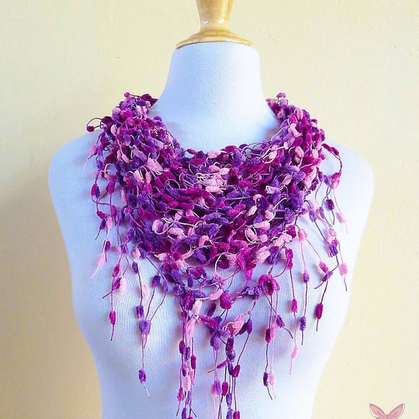 VIOLET FUSION Pom Pom Triangle Scarf - Violet / Purple / Rose / Fuchsia -  Spring fashion accessories