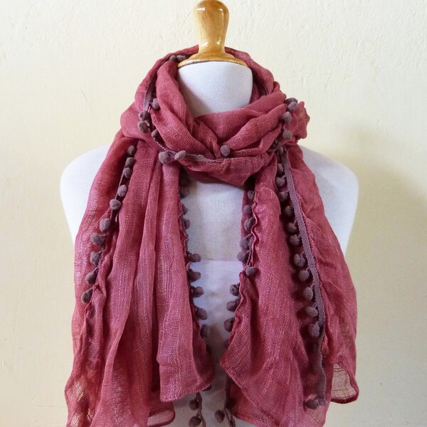 Spring scarf MAUVE with pom pom edge - scarflette cowl neckwarmer - Spring / Summer