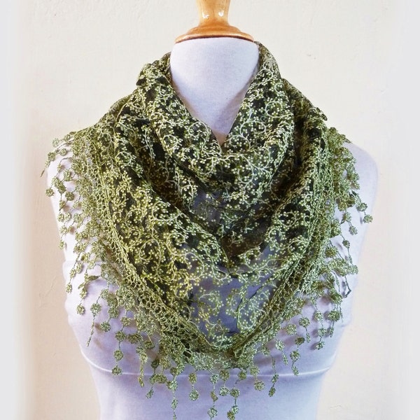 Scarf "Lilith" in PINE / KHAKI GREEN with floral pattern and rich lace edge - scarflette shawl neckwarmer - Spring / Summer