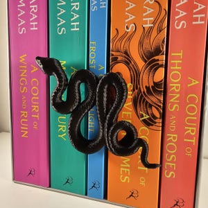 May include: A black, serpentine-shaped bookend rests against a row of colorful books. The books have titles like "A Court of Wings and Ruin" and "Thorns and Roses." The bookend adds a decorative touch to the bookshelf.