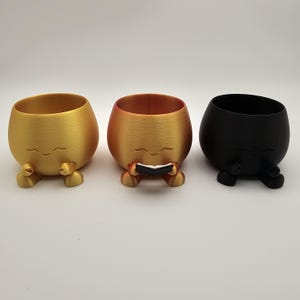 May include: Three small, round planters in gold, orange, and black. Each planter has a smiling face and small feet. The orange planter appears to be holding a small book. These decorative planters are ideal for small plants or succulents.